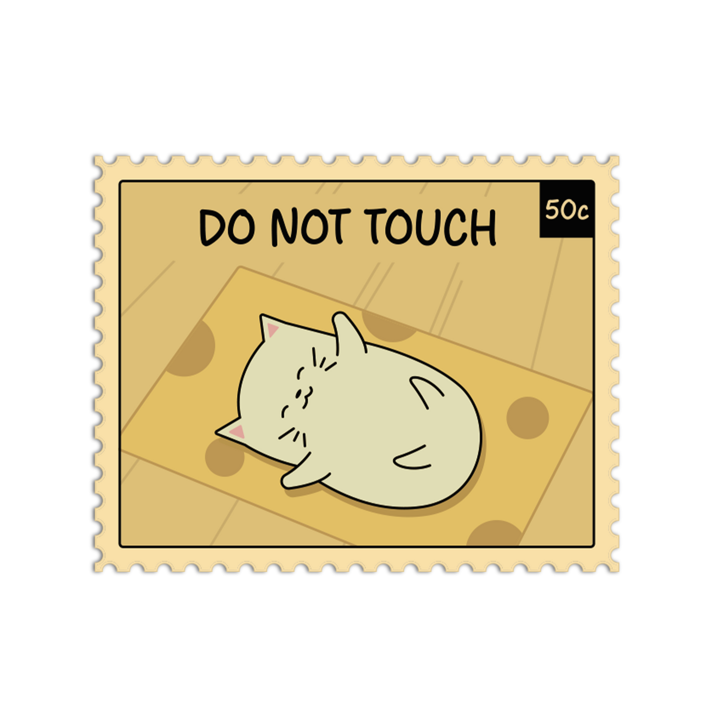 Cartoon cat on a stamp with 'Do Not Touch' text
