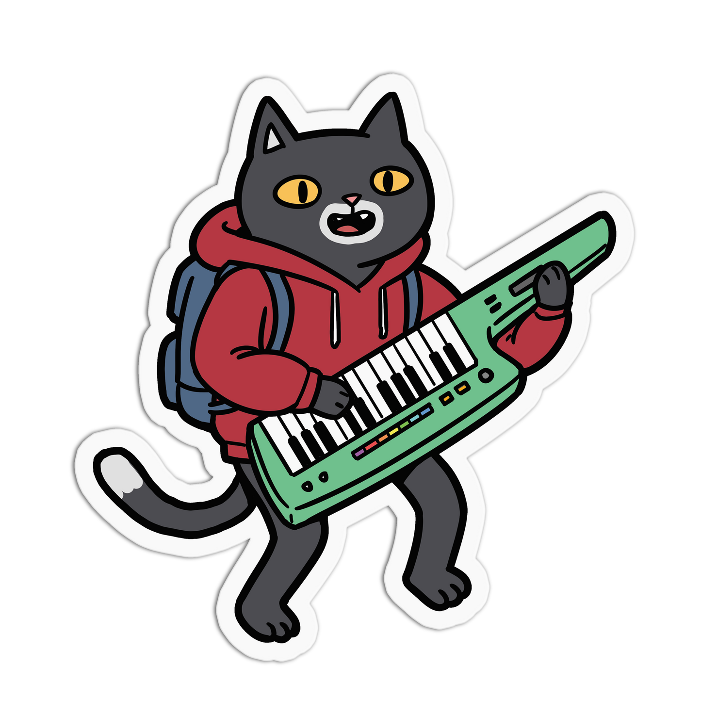 Cartoon cat in a red hoodie playing a green keyboard on a white background