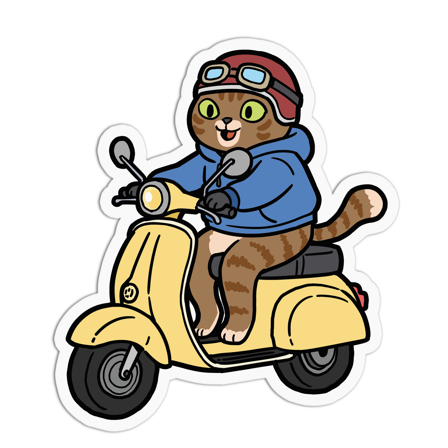 Cartoon cat riding a yellow scooter with a helmet and goggles on a white background
