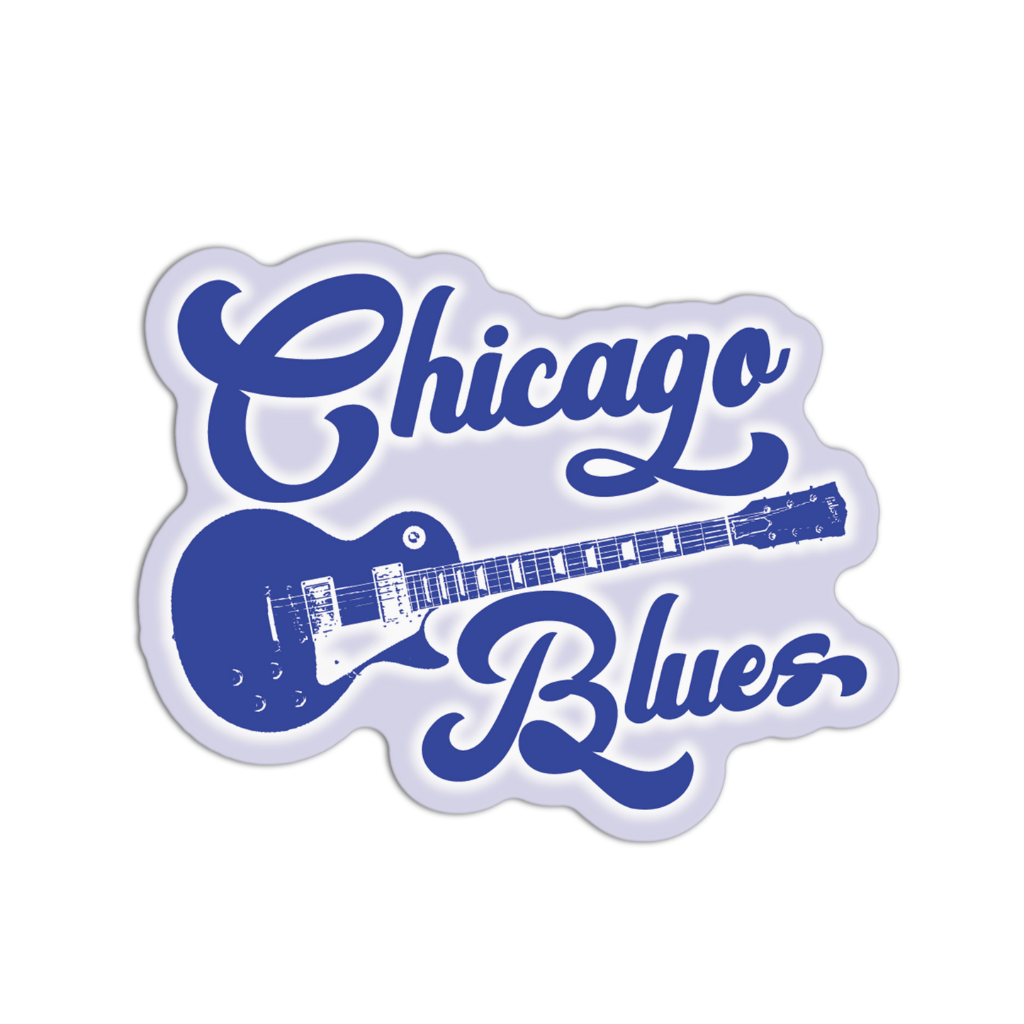 Sticker with blue guitar and 'Chicago Blues' text on a white background