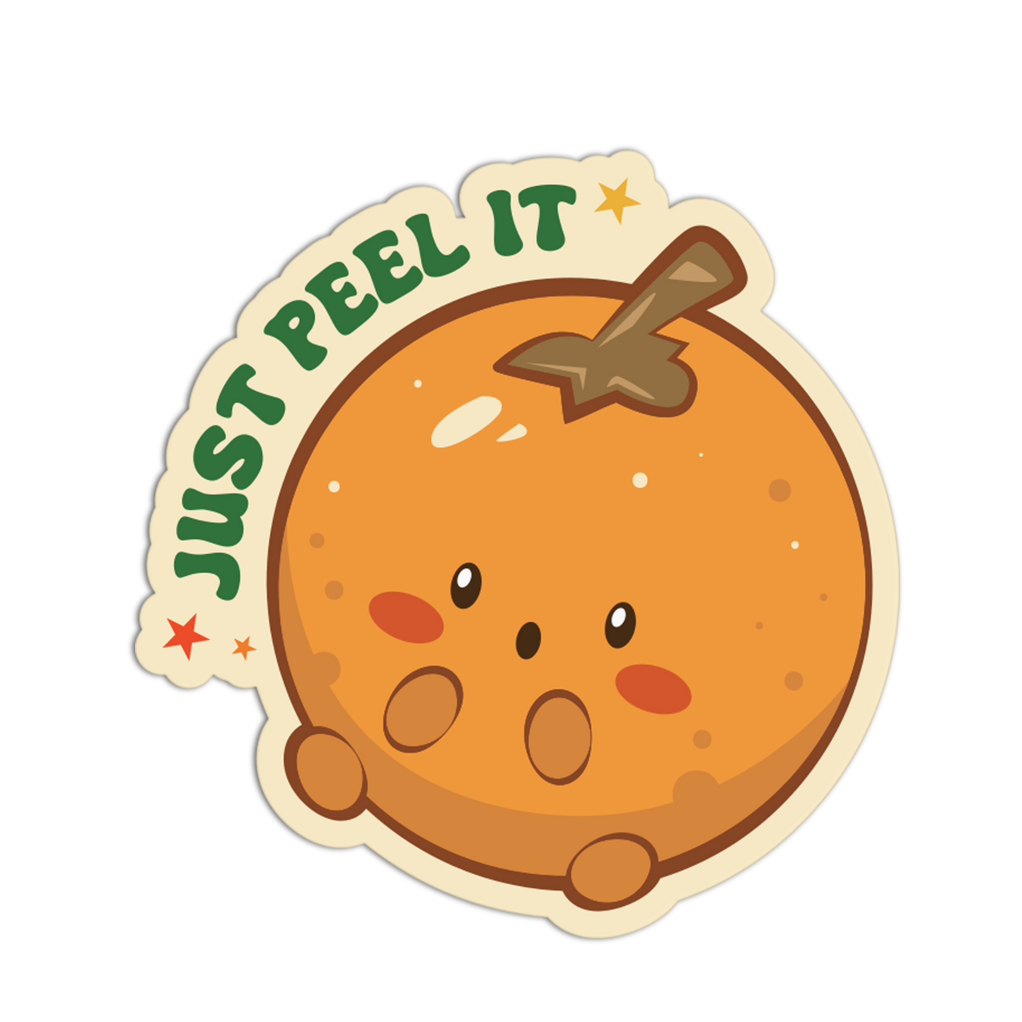 Cartoon orange with a face and 'Just Peel It' text on a white background