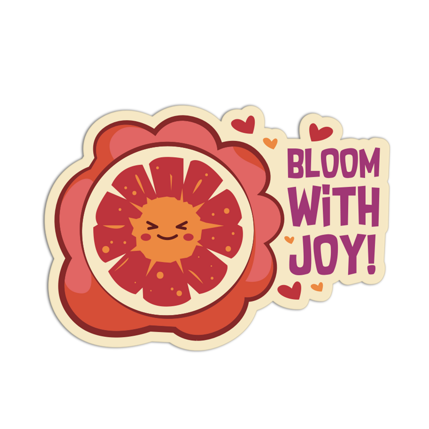 Sticker with a smiling sunflower design and 'Bloom with Joy!' text on a white background