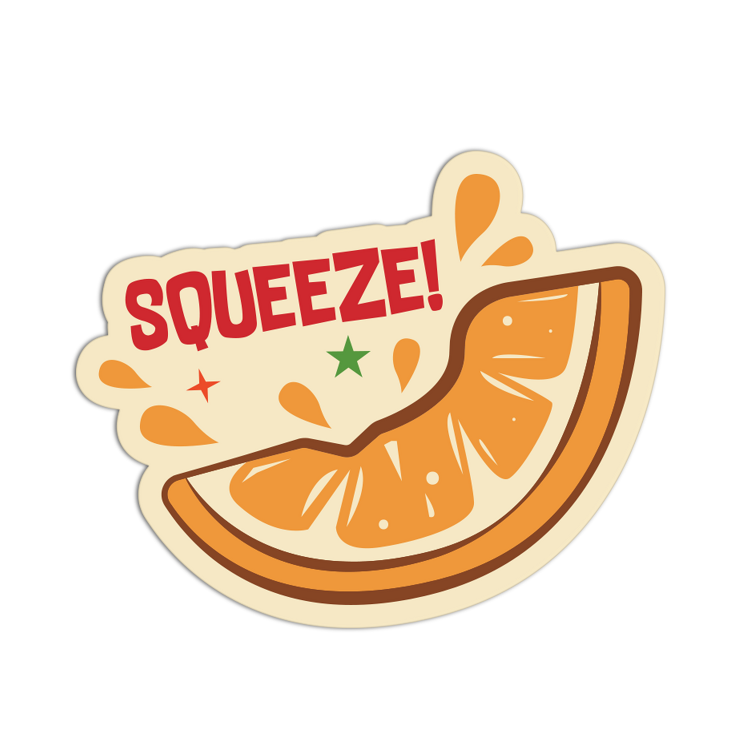 Sticker of an orange slice with 'Squeeze!' text on a white background