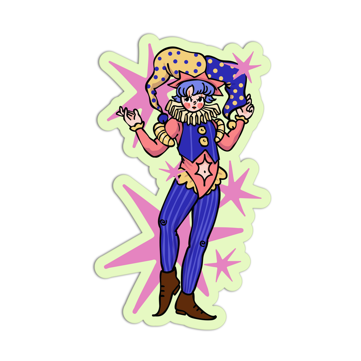 A die-cut sticker featuring a cartoon-style jester character in a blue and purple outfit with pink accents, set against a light green starburst background on a white backdrop.