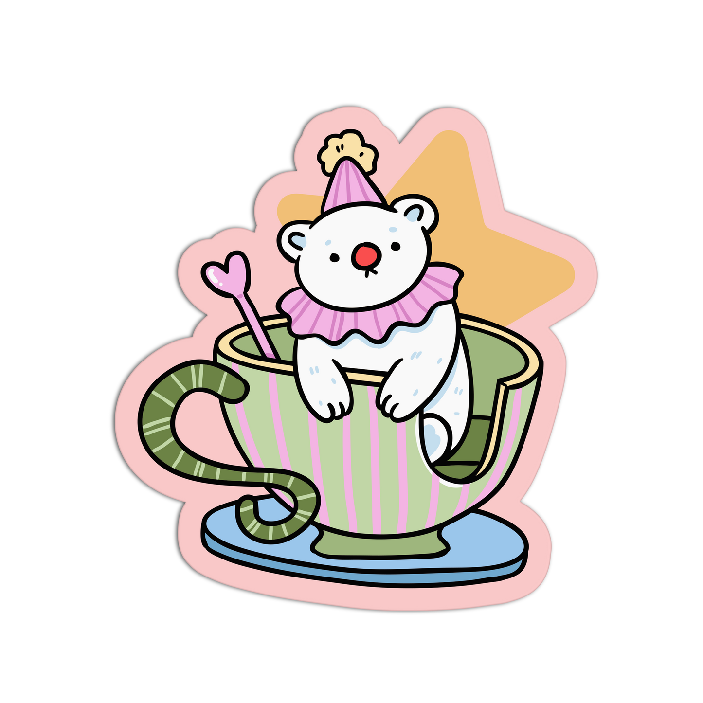 Sticker of a polar bear in a teacup with a party hat on a white background