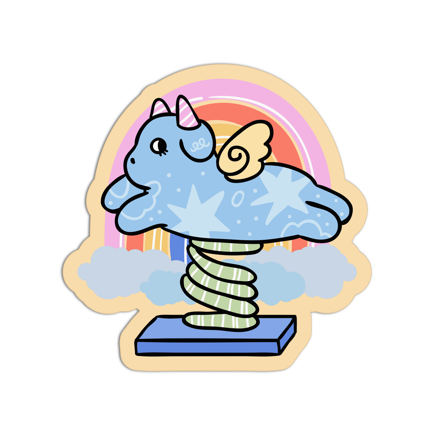 Cartoon cloud with a unicorn design on a rainbow background