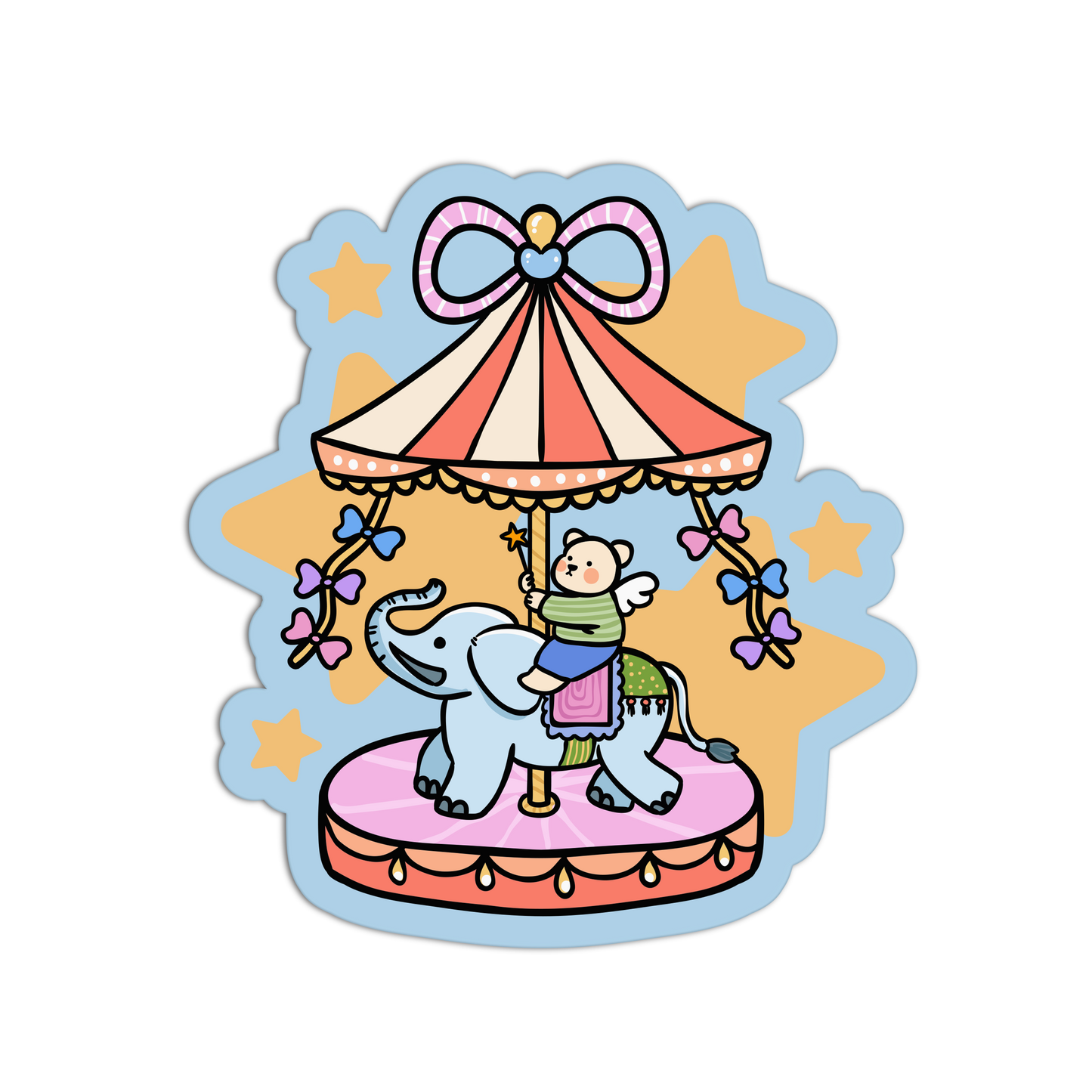 Illustration of a child riding an elephant at a carousel with a colorful background