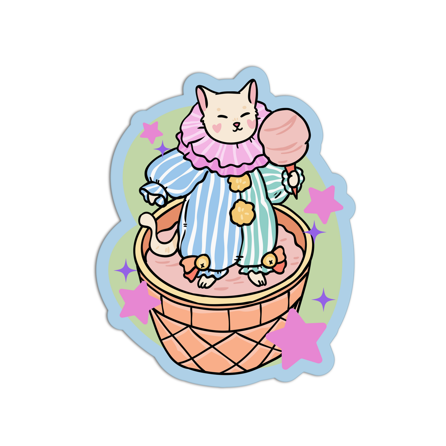 Sticker of a cartoon cat in a clown outfit with stars and an ice cream cone on a white background