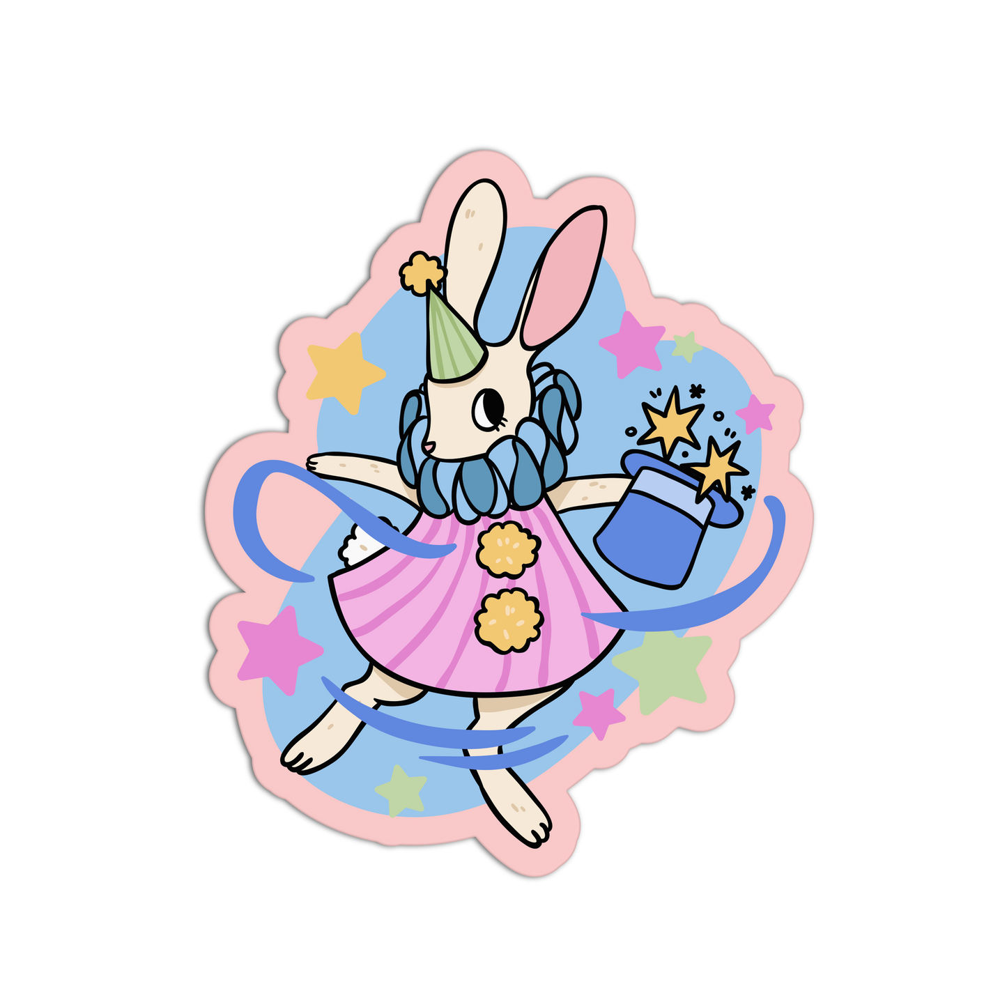 Colorful sticker of a cartoon character with bunny-like features on a white background