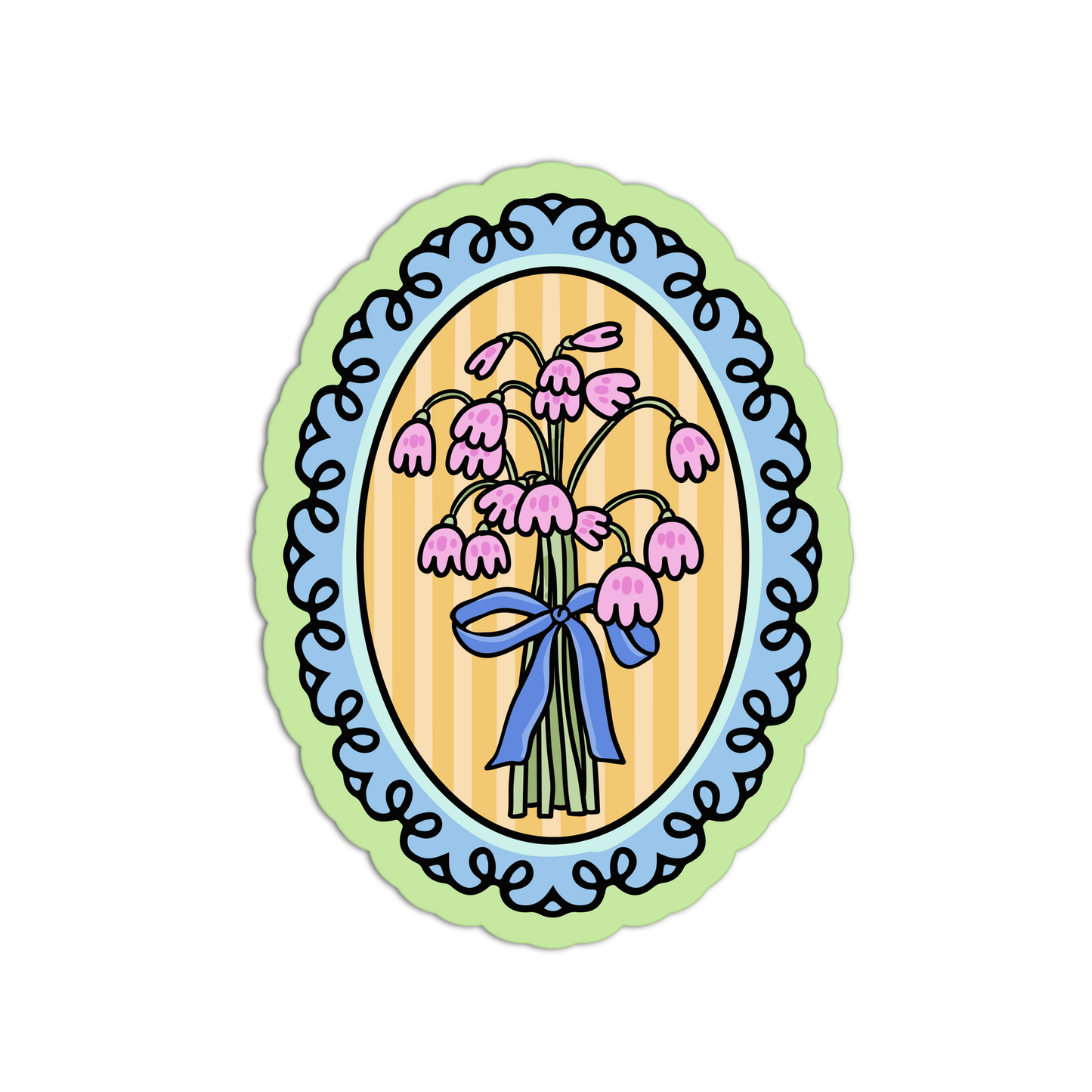 Decorative sticker with pink flowers and a blue bow in an oval frame on a white background