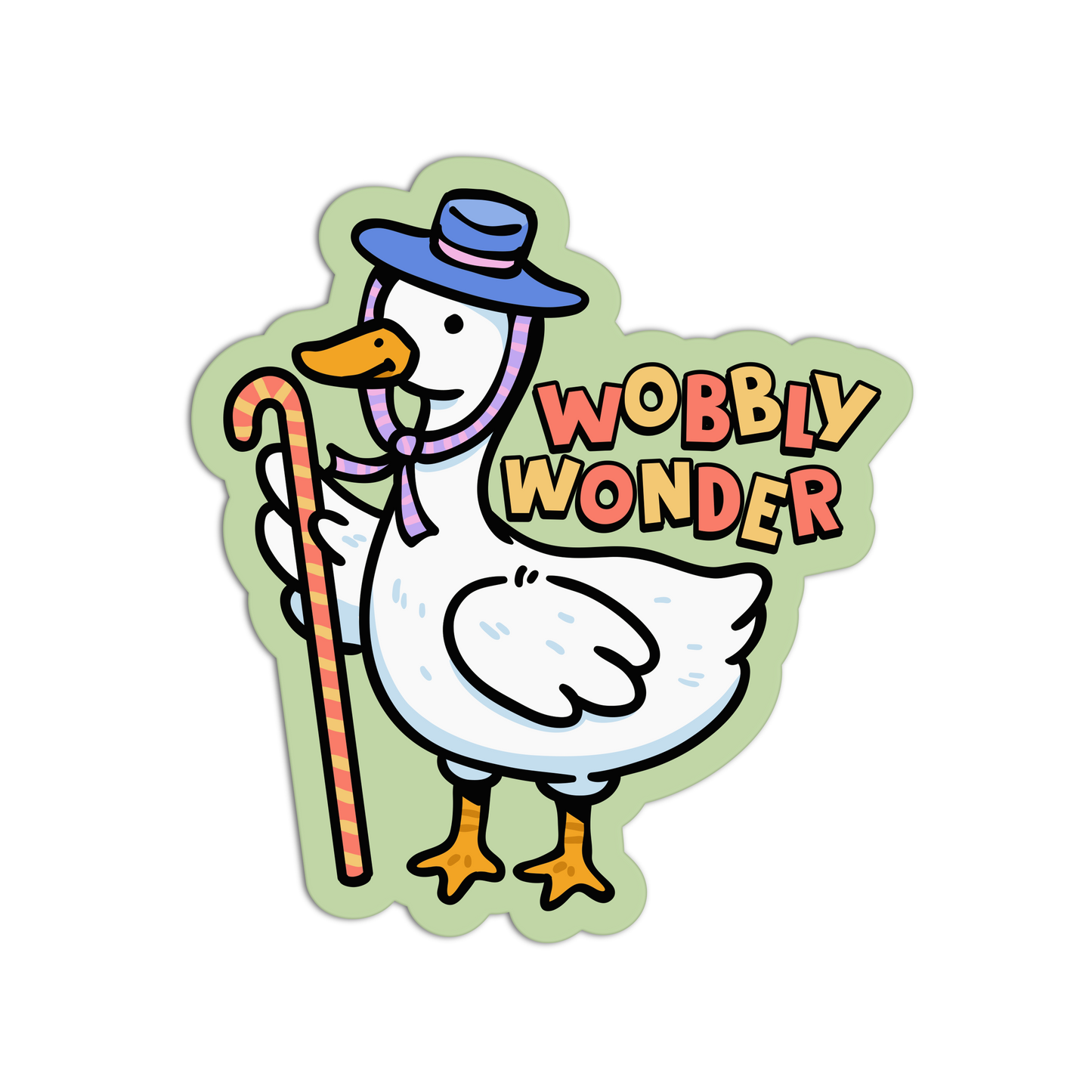 Cartoon duck character with a cane and hat, labeled 'Wobbly Wonder', on a white background.