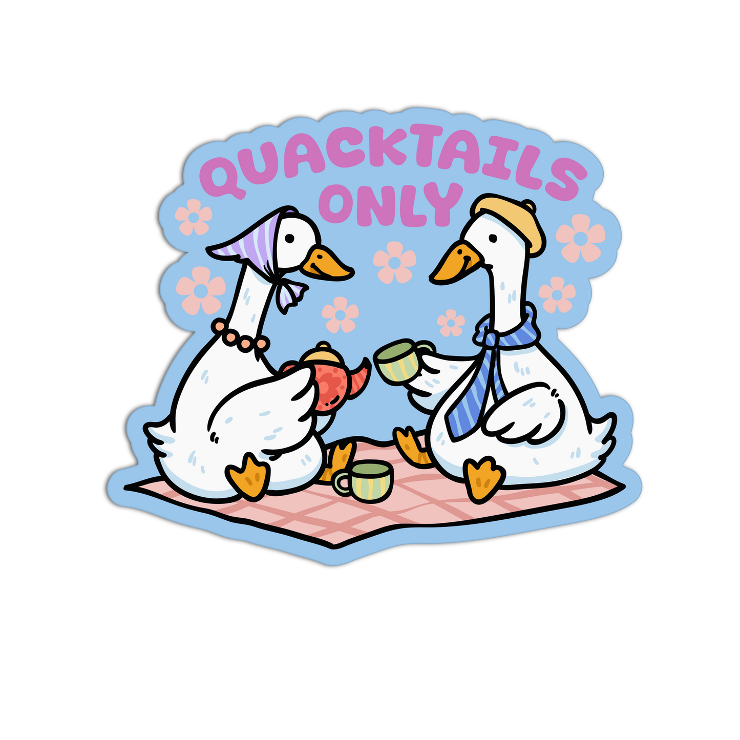 Cartoon ducks on a picnic blanket with 'Quacktails Only' text