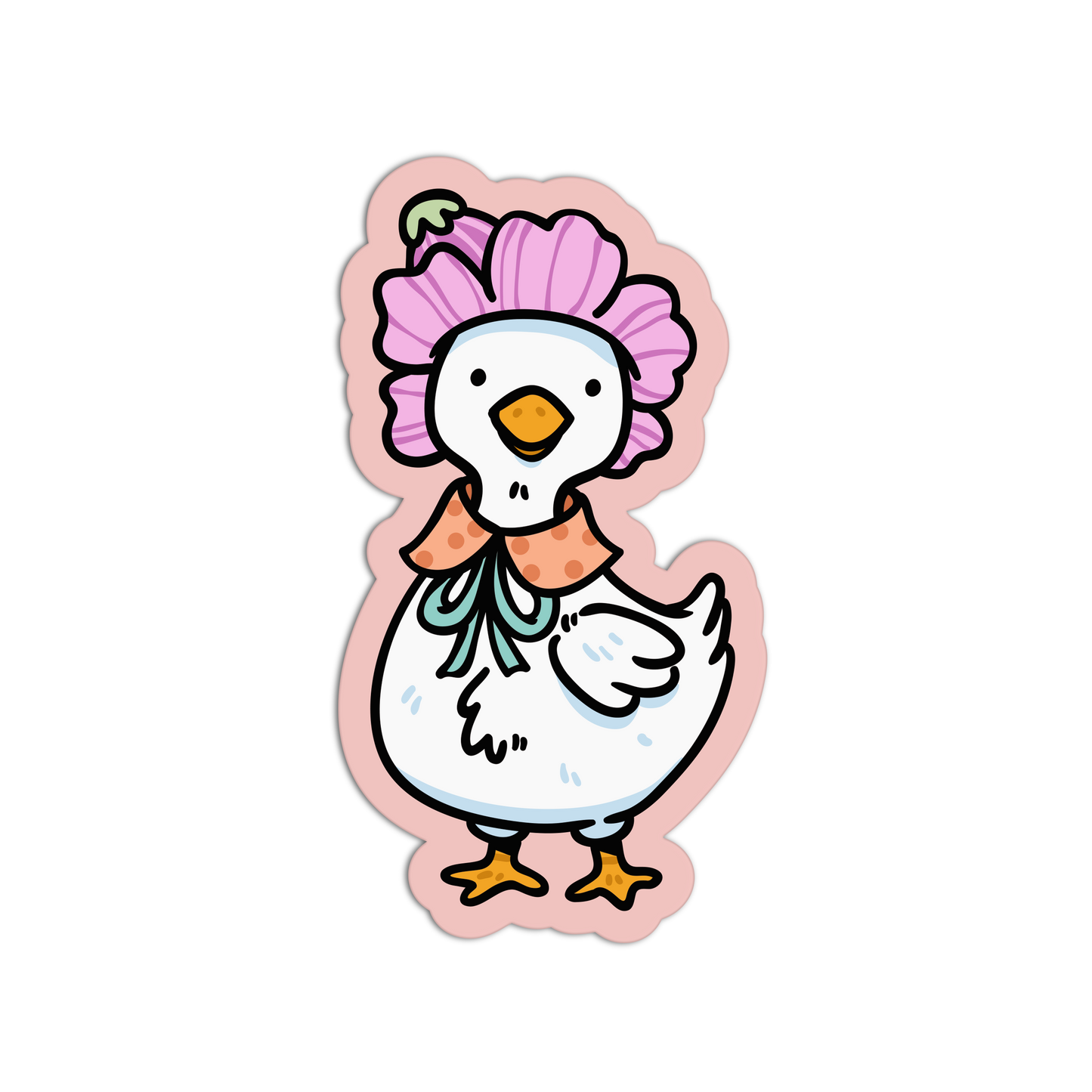 Cartoon duck with a pink head and colorful scarf on a white background
