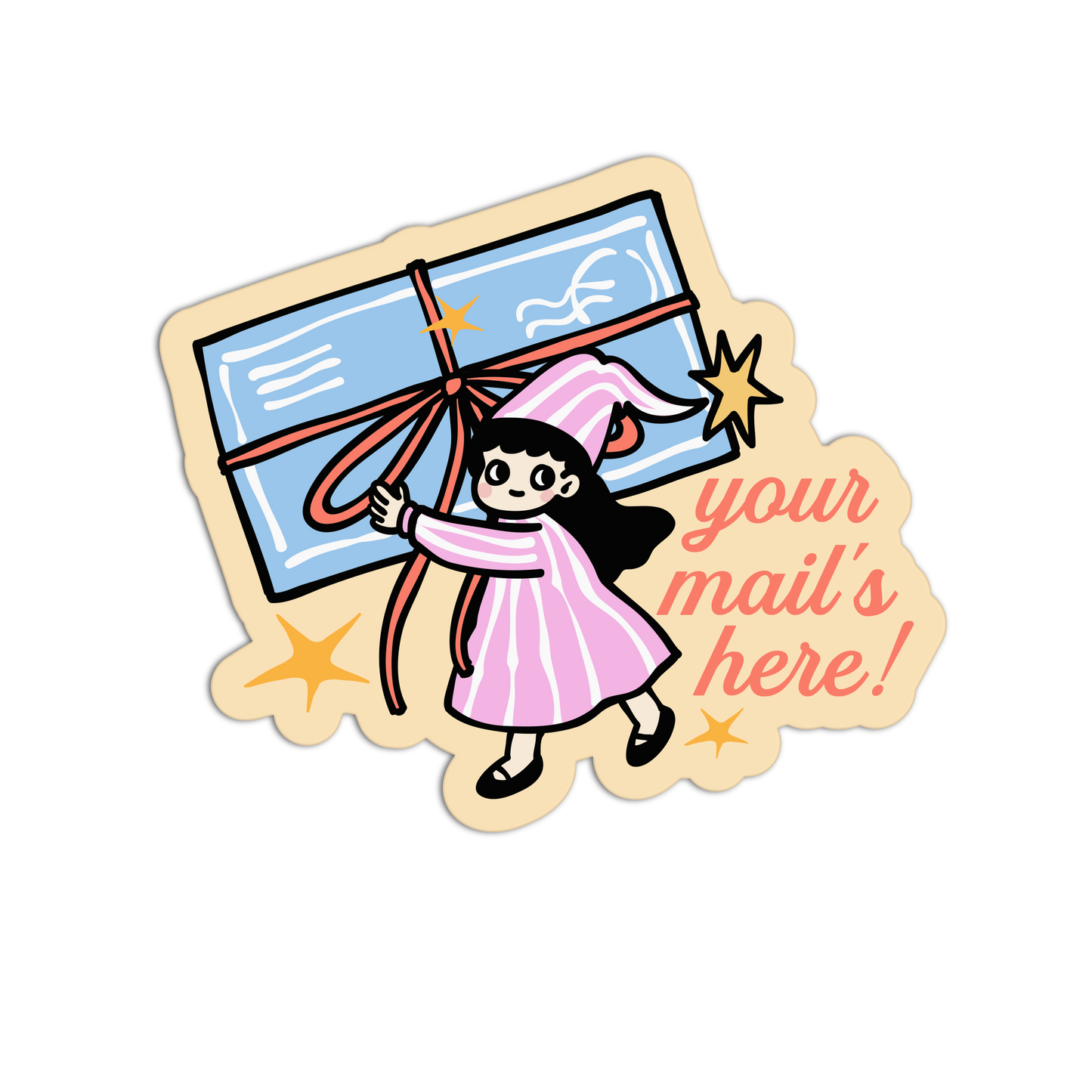 Illustration of a girl holding an open mailbox with text 'your mail's here!' on a white background