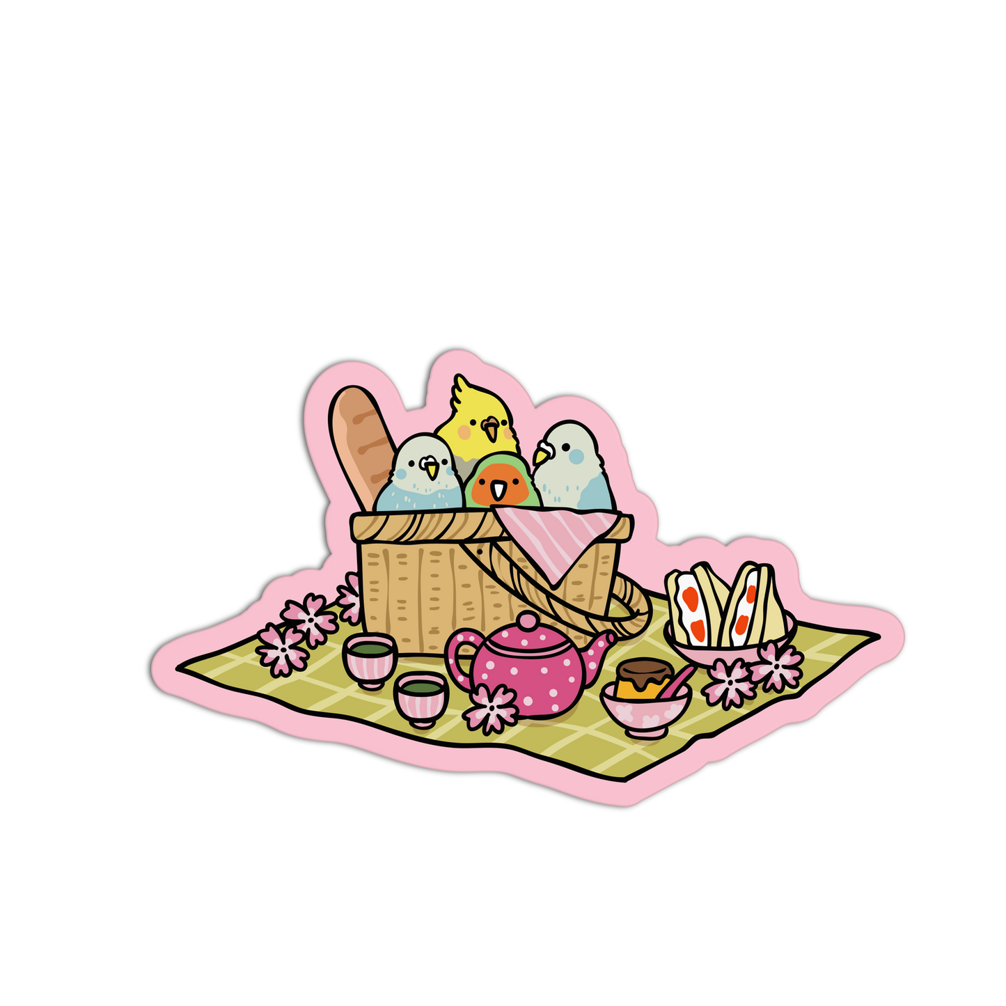 Illustration of a picnic basket with birds, teapot, and food on a blanket