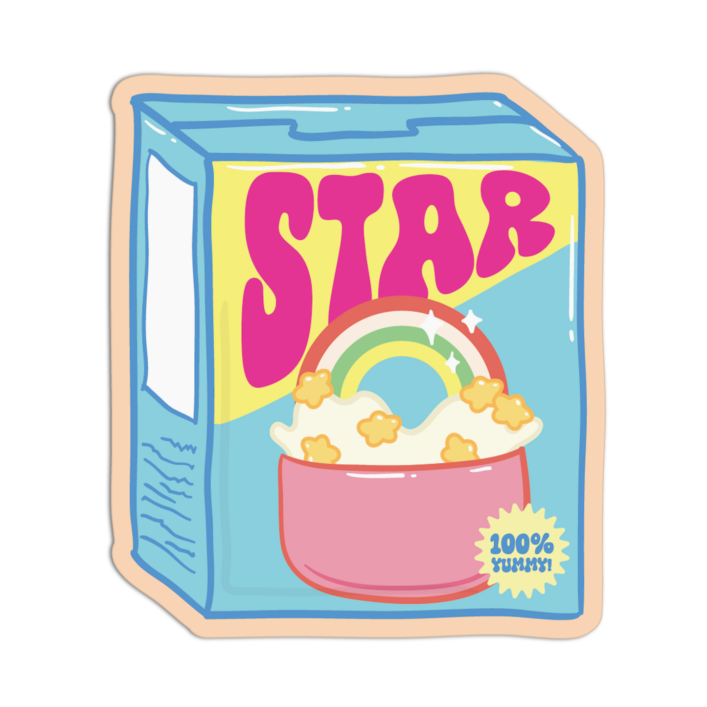 Cartoon-style packaging of a cereal box with a rainbow on a white background