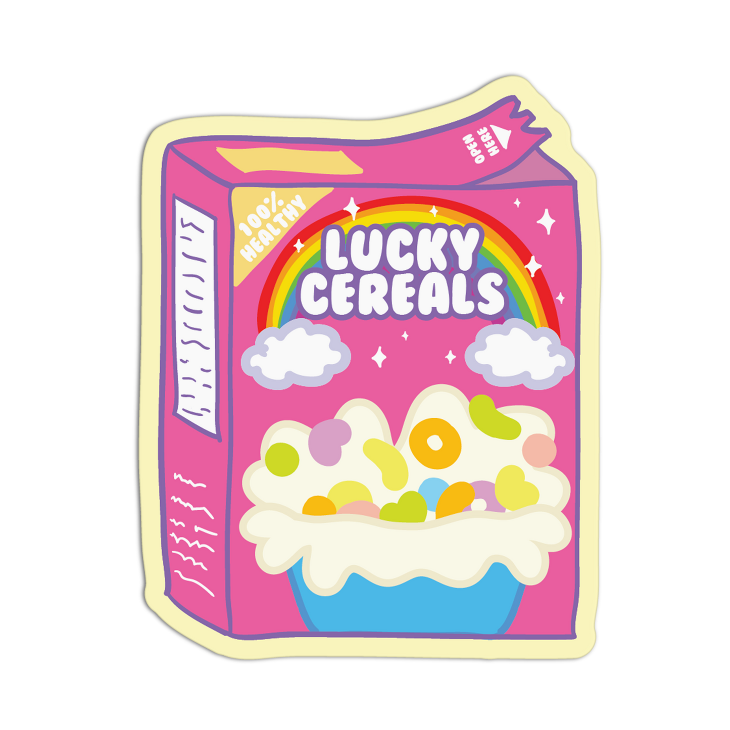 Pink cereal box with rainbow and cloud design on a white background