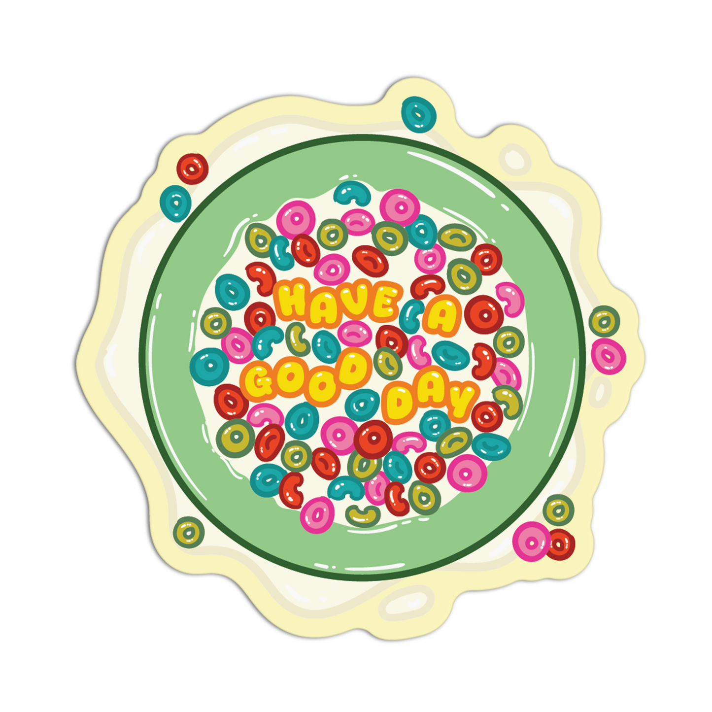 Colorful cereal bowl with 'Have a Good Day' text on a white background