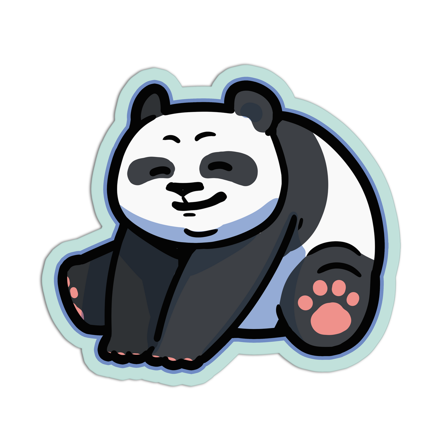 Cartoon panda sticker with a light blue border on a white background