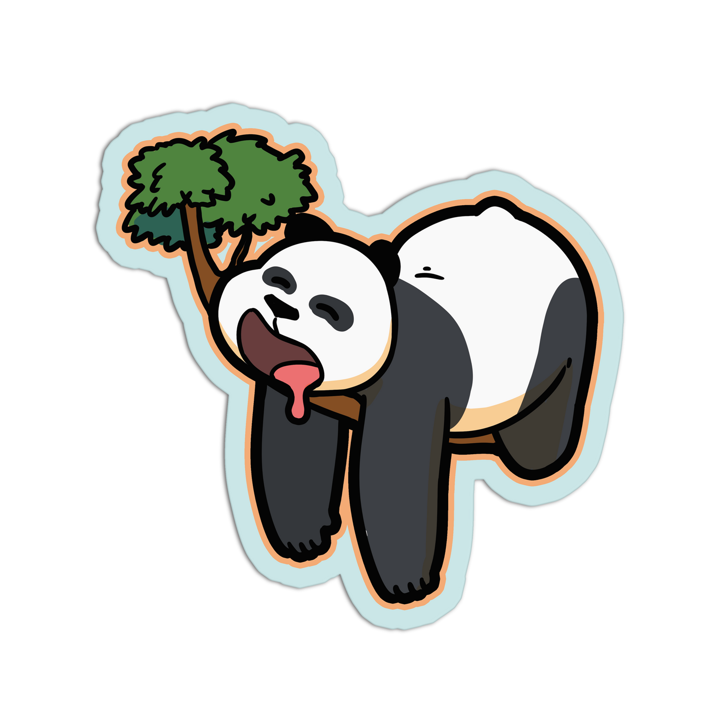 Cartoon panda sticker with a tree on a white background