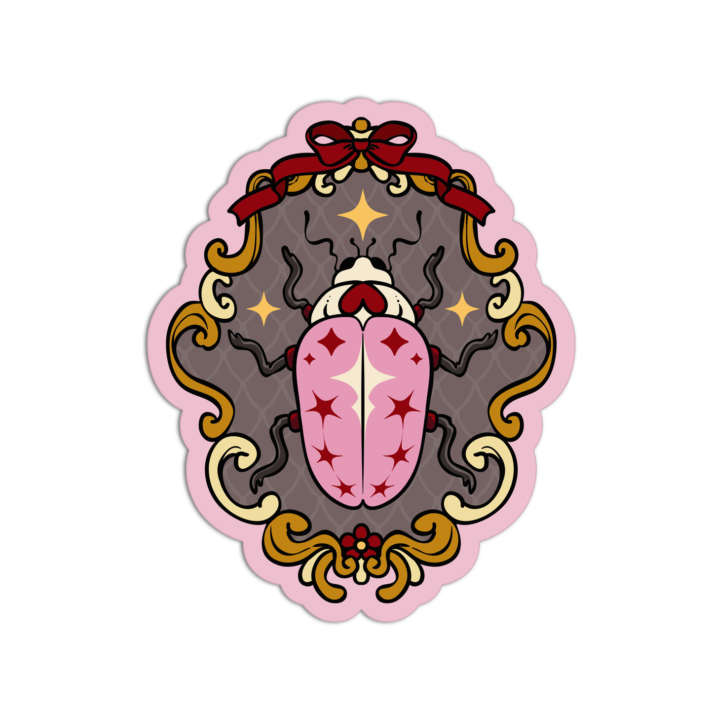 Decorative emblem with a pink central design, red accents, and gold elements on a white background.