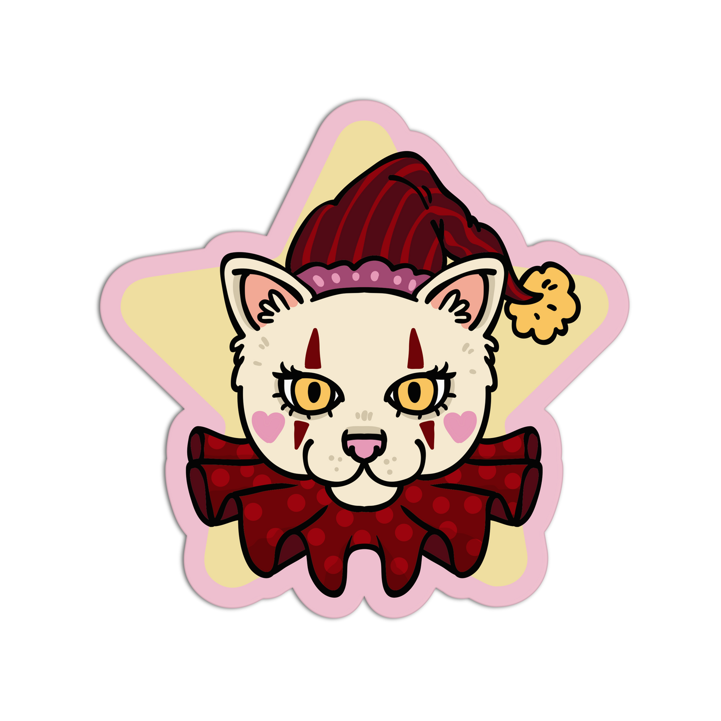 Cartoon cat with a red hat and bow tie on a pink and yellow star-shaped background