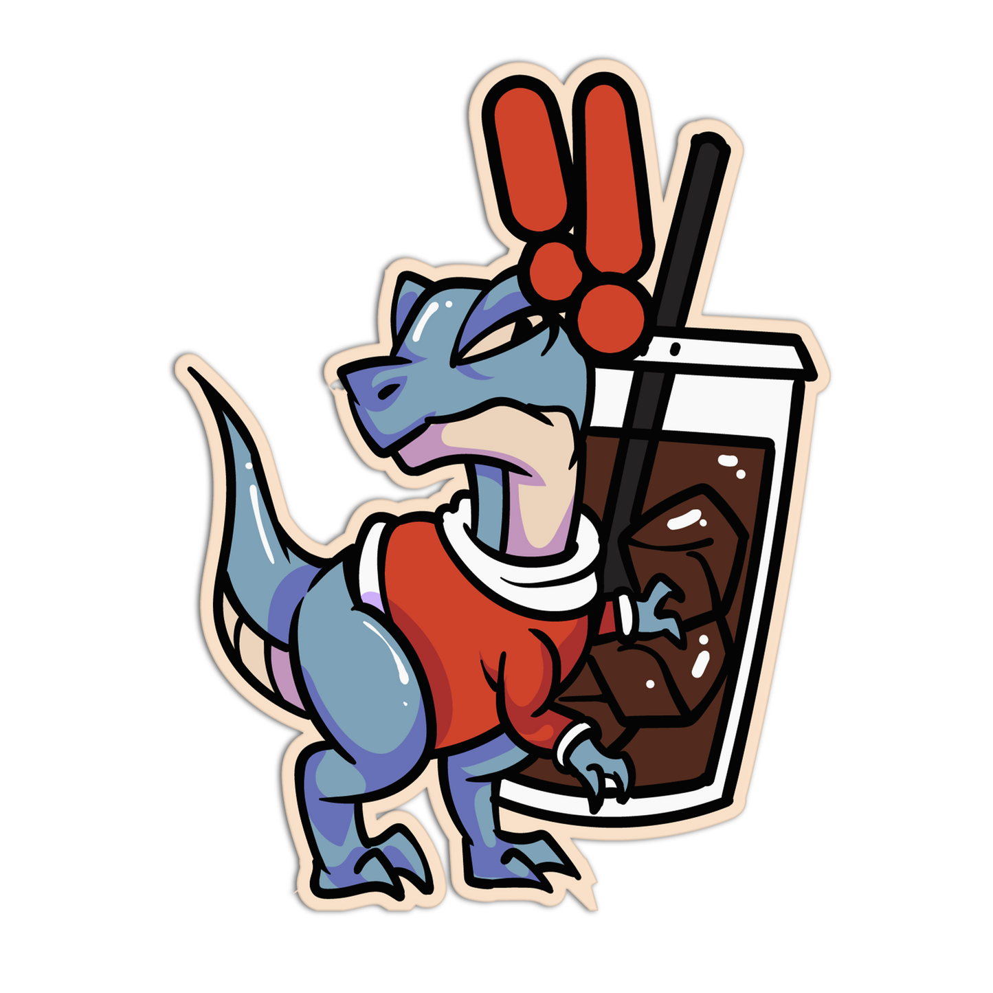 Cartoon dinosaur character with a drink and peace sign on a white background