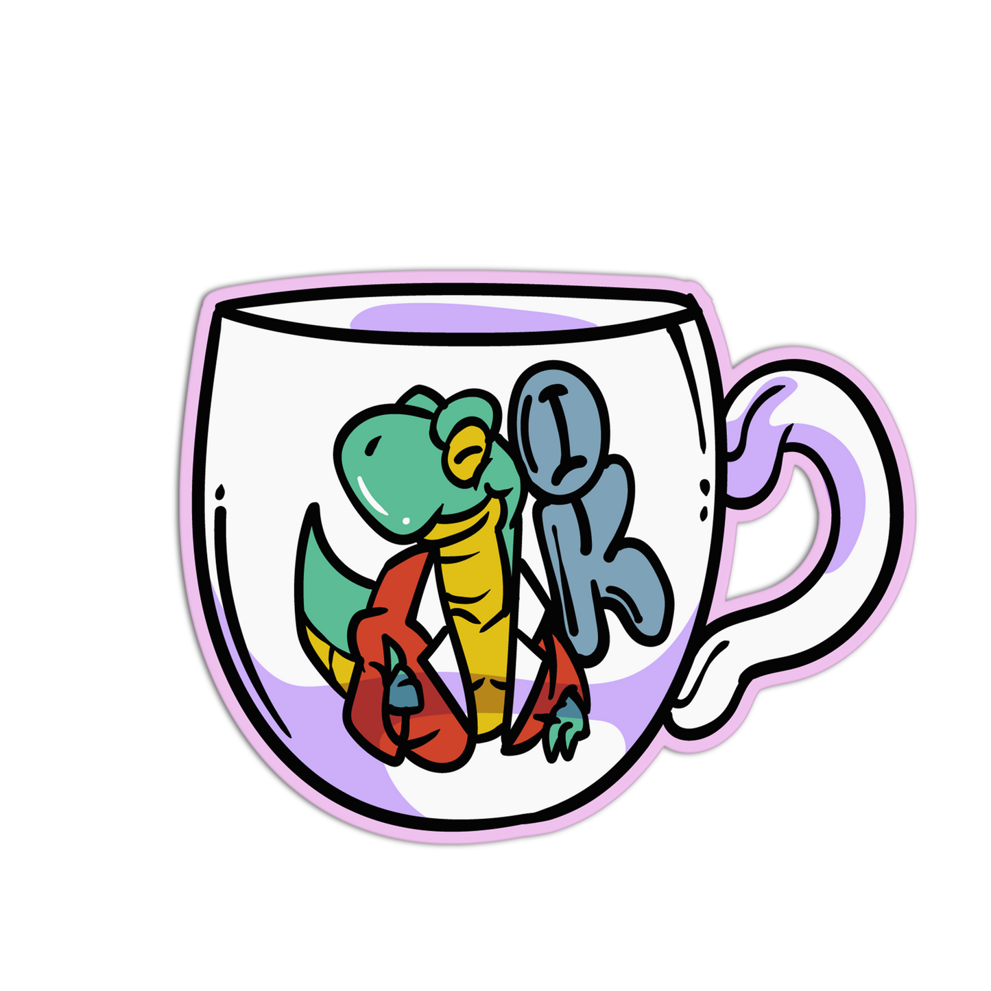 Cartoon dinosaur inside a transparent mug on a white background