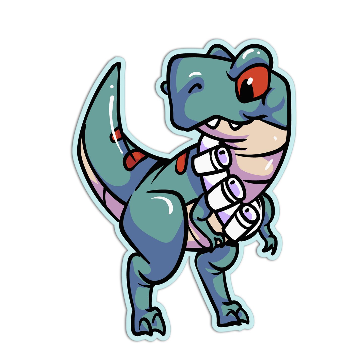 Cartoon dinosaur character with a colorful design on a white background