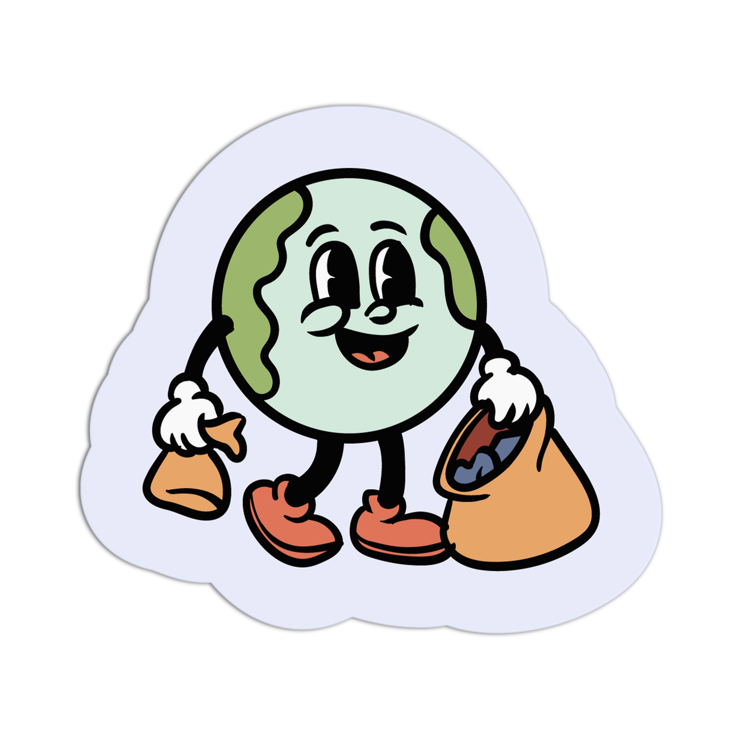 Cartoon character with a round body, legs, and arms, holding two bags on a white background.