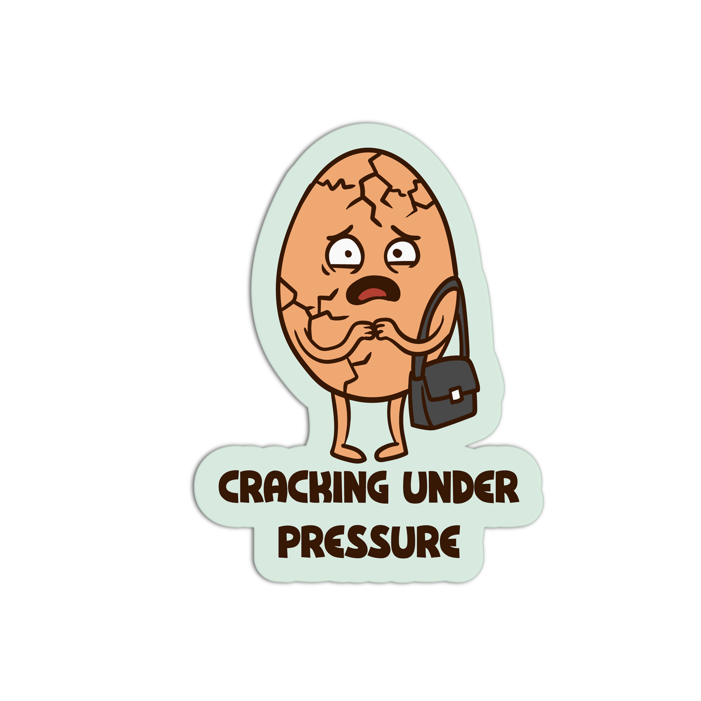 Cartoon egg character with a handbag and text 'Cracking Under Pressure' on a light green background