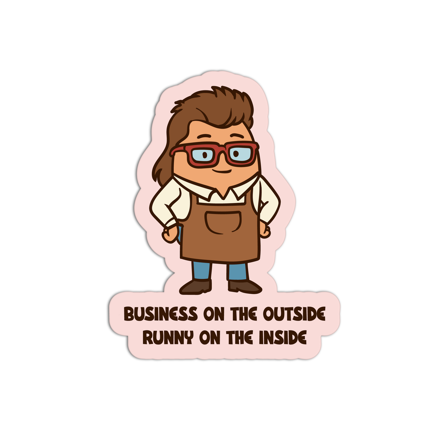 Cartoon character with glasses and apron on a pink background with text