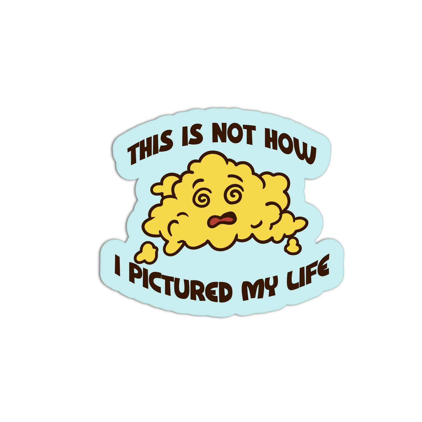 Sticker with a cartoon character and text on a light blue background