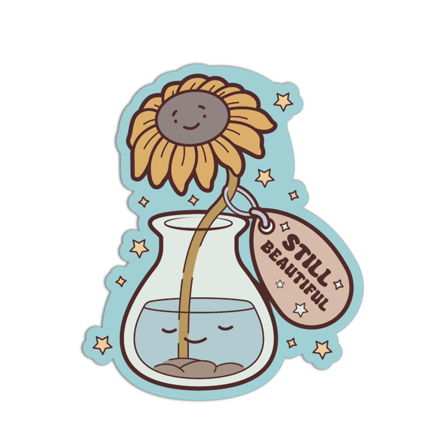 Sticker with a sunflower in a vase and 'Still Beautiful' tag on a white background