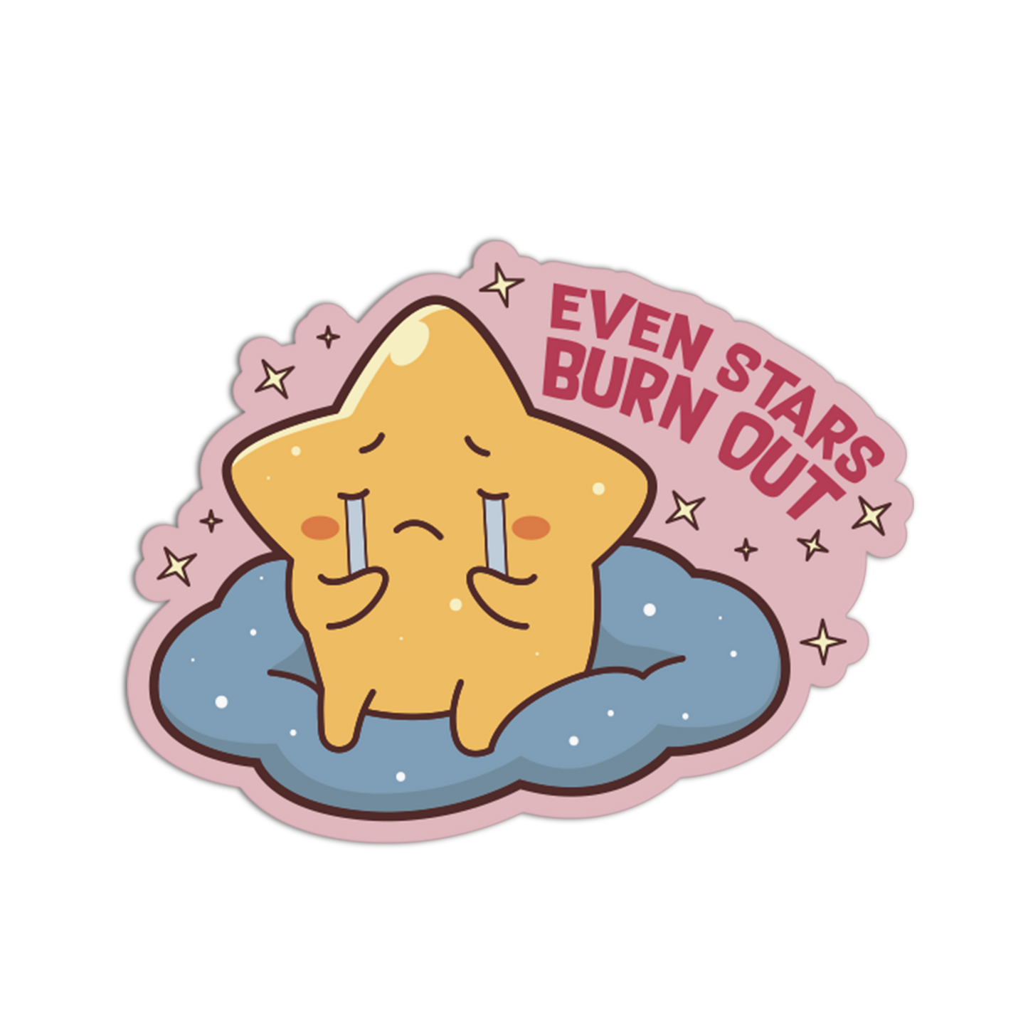 Cartoon star with candles on a cloud, surrounded by stars and text 'EVEN STARS BURN OUT' on a white background.
