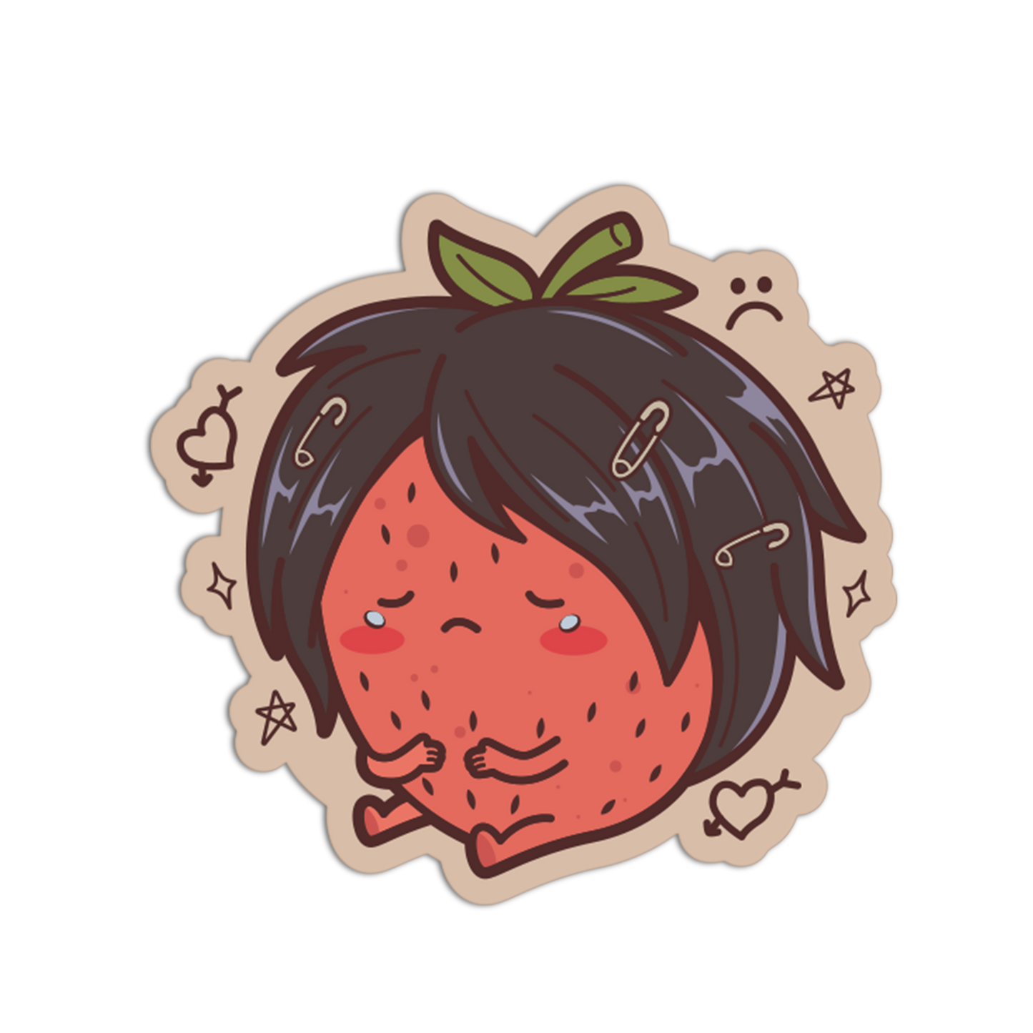 Illustration of a strawberry with black hair and accessories on a beige border