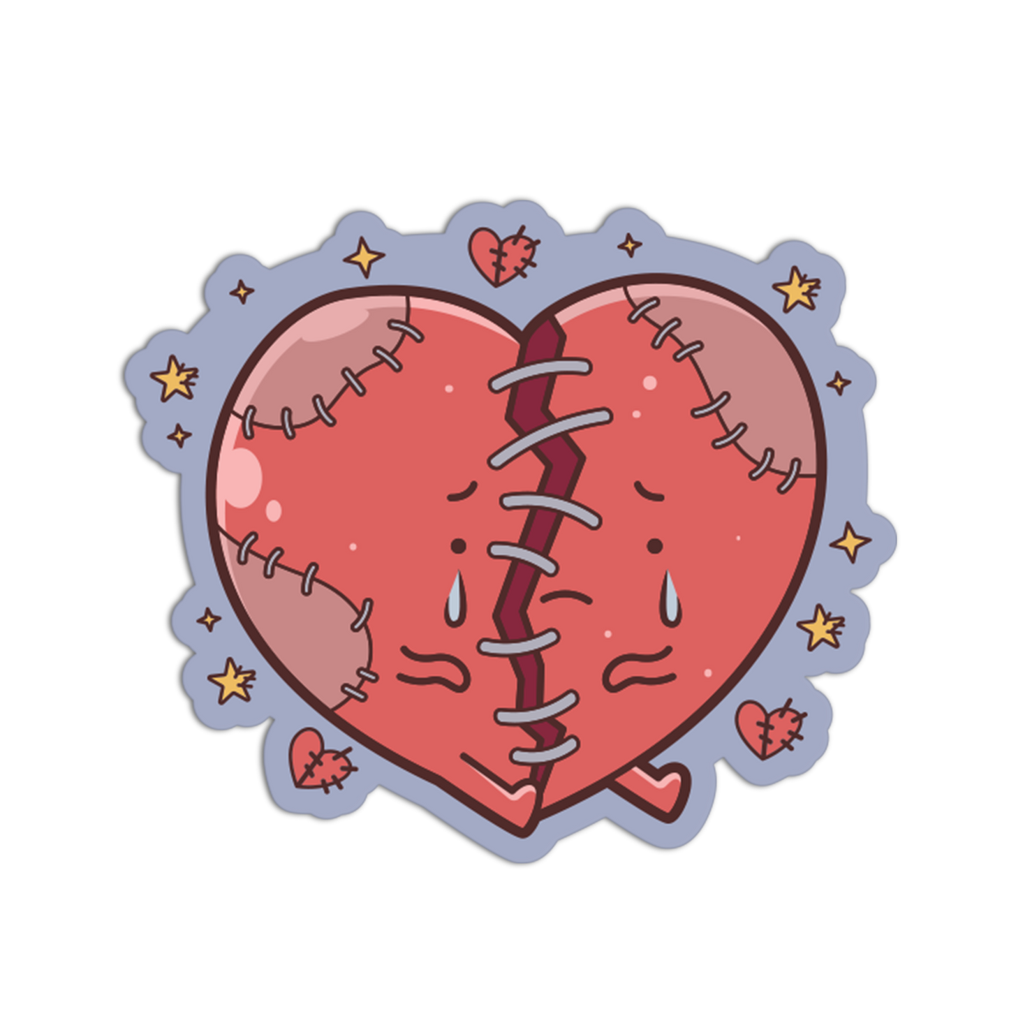 Heart-shaped疮疤贴纸 with stitches and small hearts on a white background