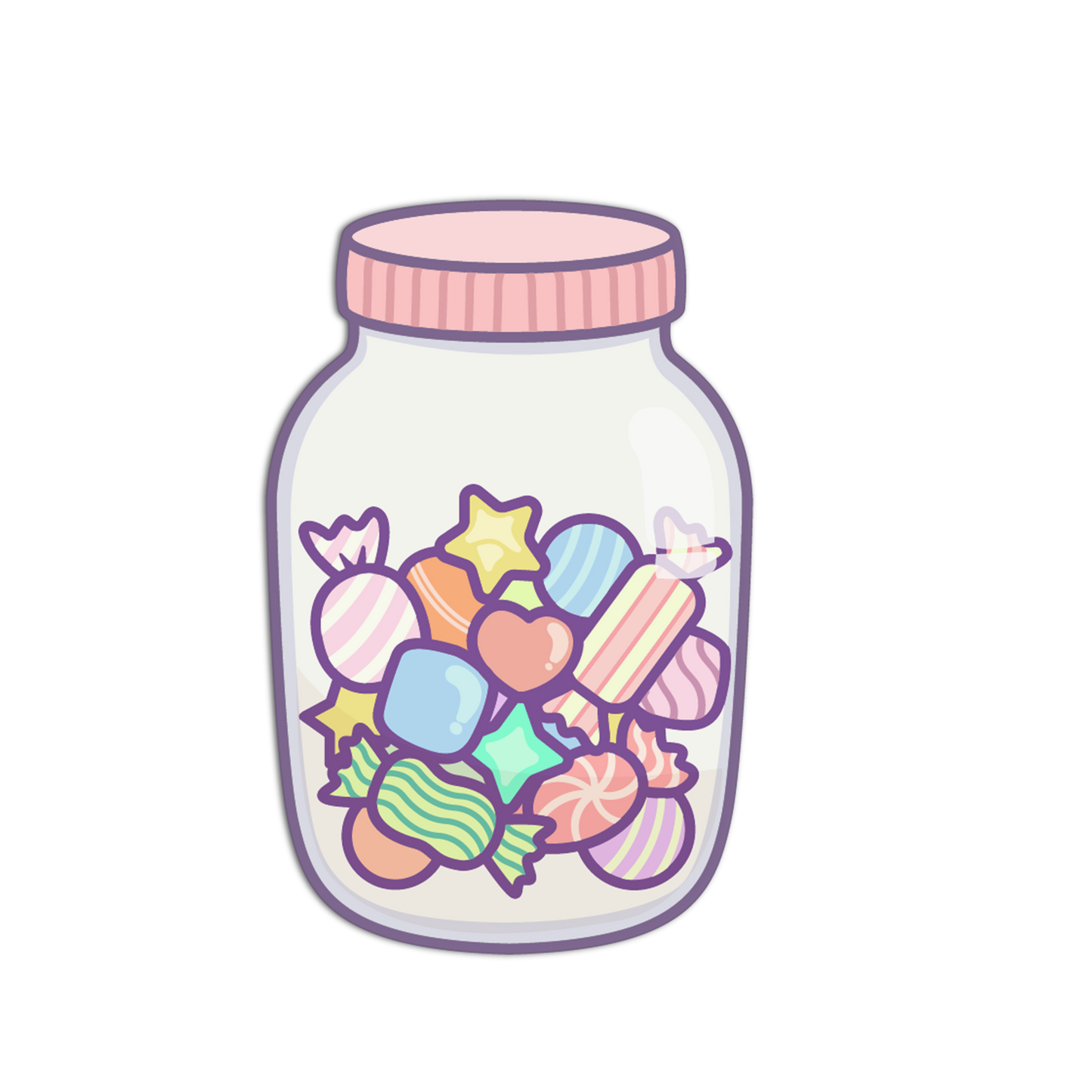 Cartoon-style jar with colorful candies on a white background