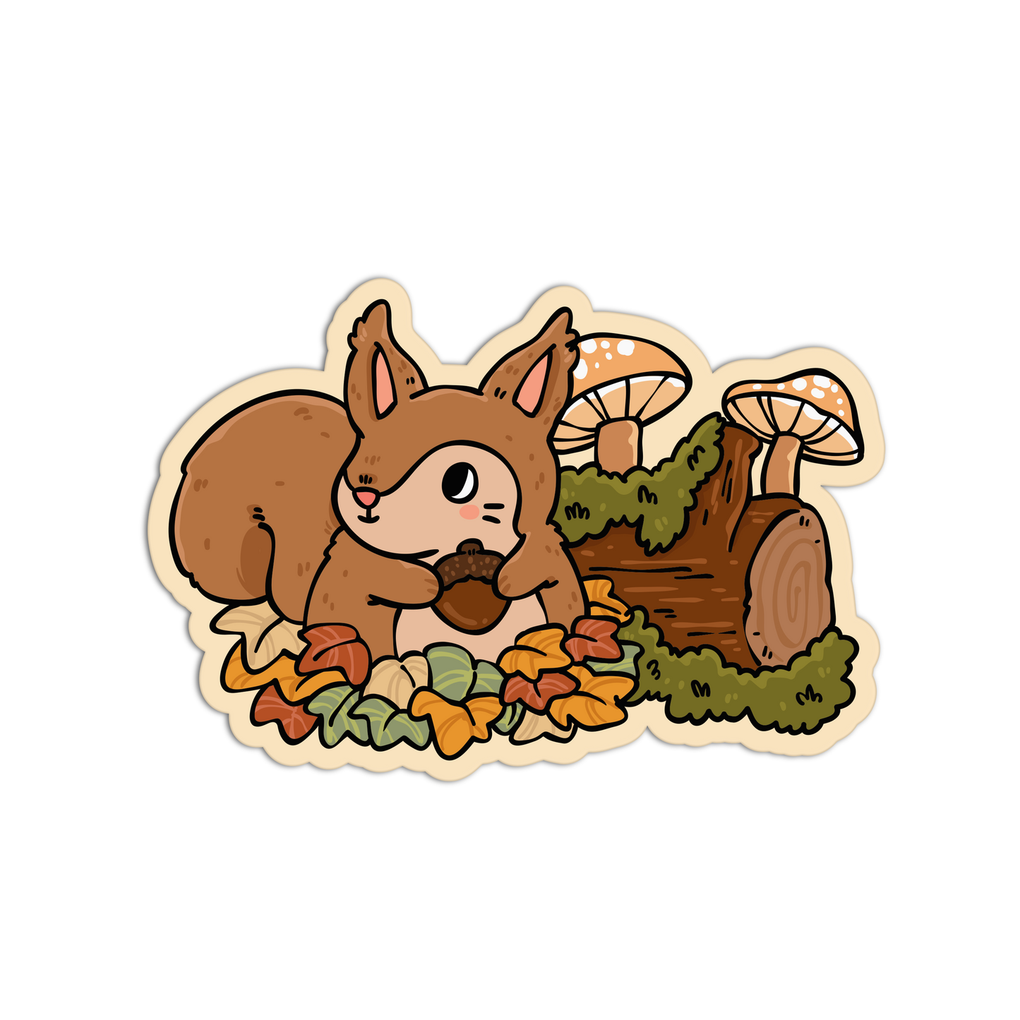 A cartoon squirrel holding an acorn, surrounded by autumn leaves, a log, mushrooms, and moss, shown as a die-cut sticker on a plain white background.