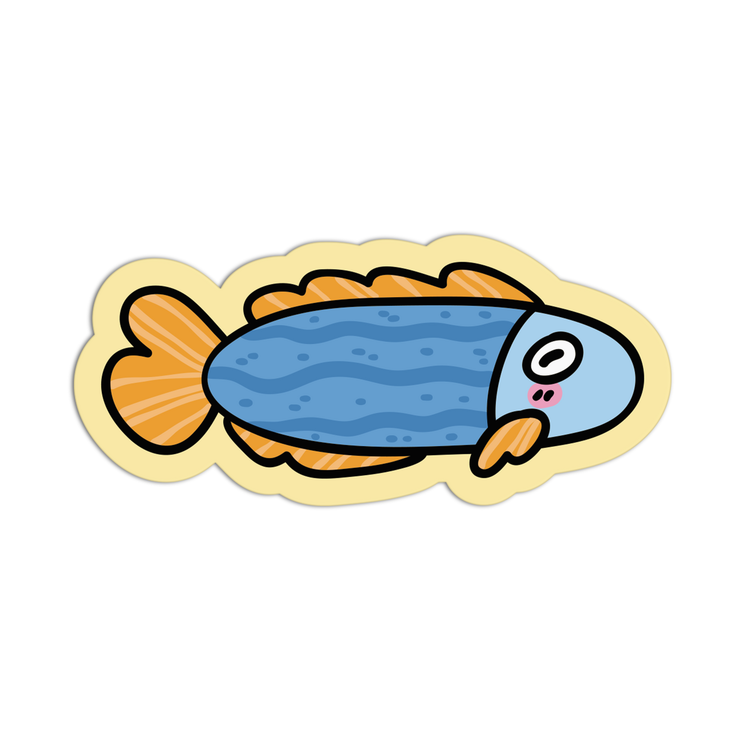 Cartoon fish sticker with a blue body and orange fins on a white background