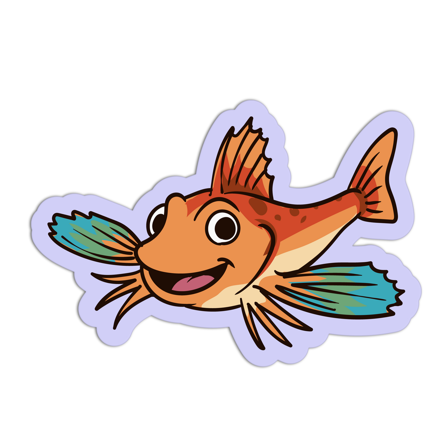 Cartoon fish sticker with a purple border on a white background