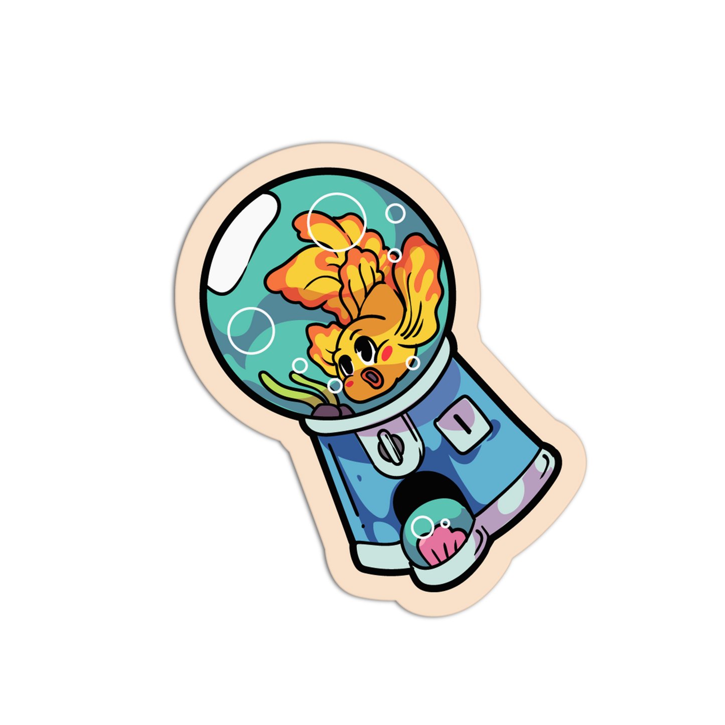 Cartoon character in an underwater suit with fish and coral on a white background