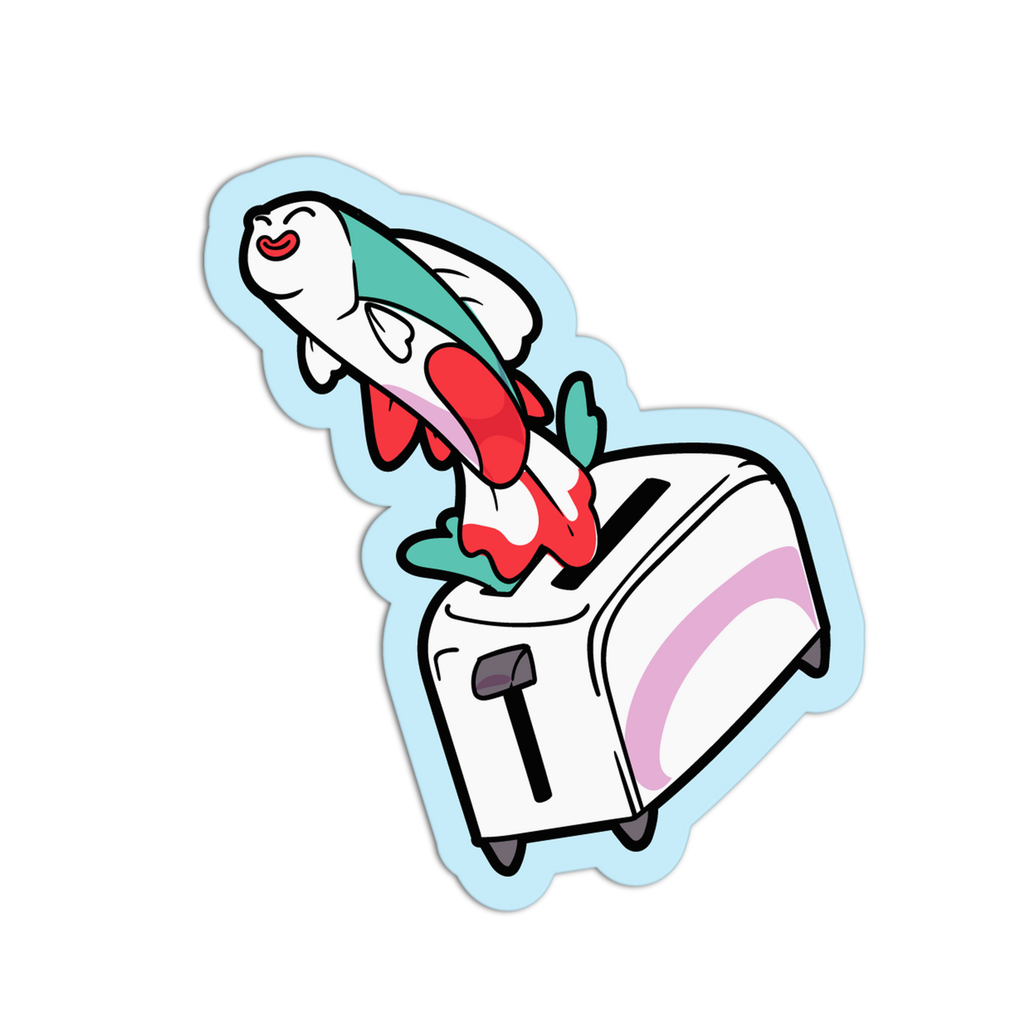 Cartoon fish with a bow tie sitting on a toaster on a white background
