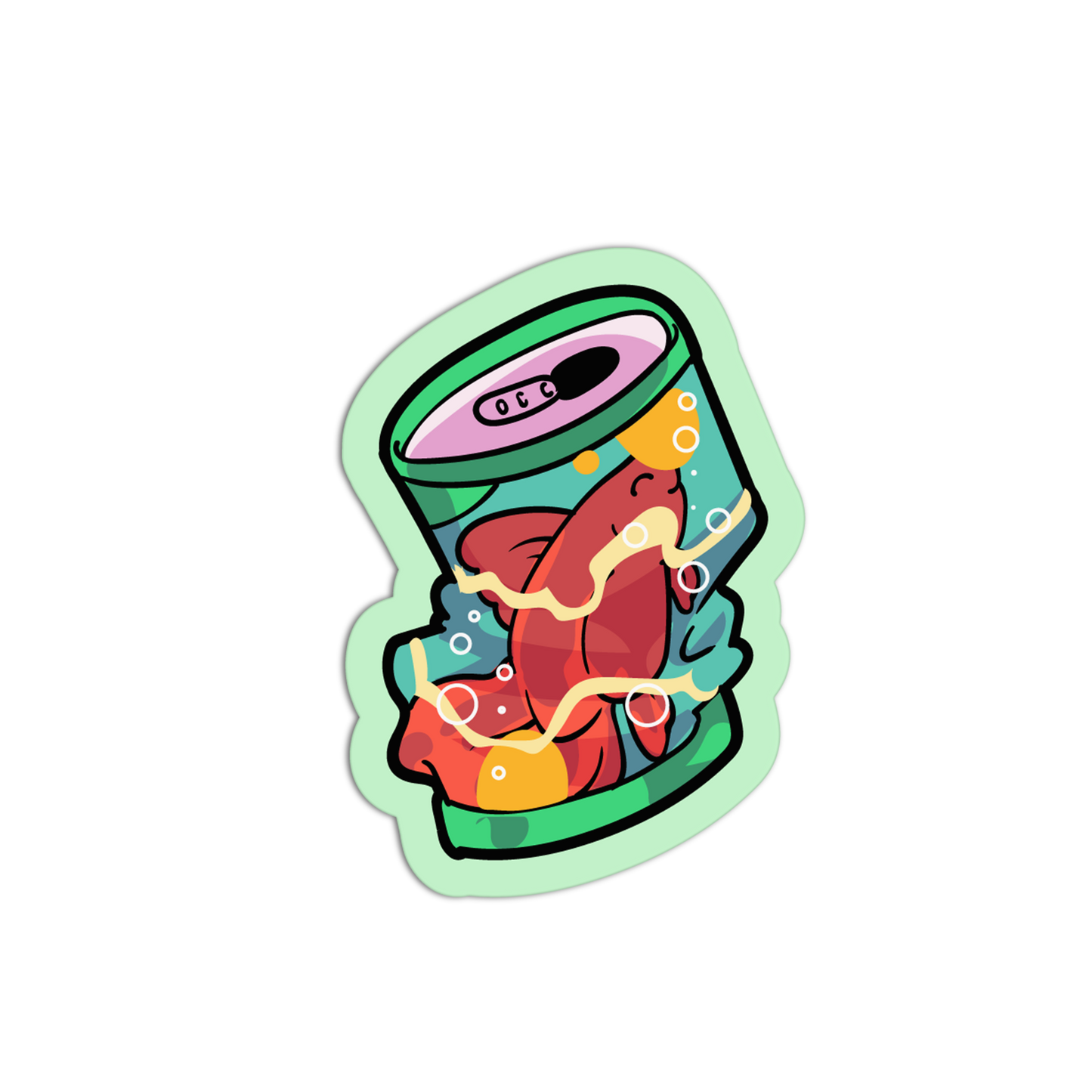 Colorful illustration of a fish inside a can on a white background