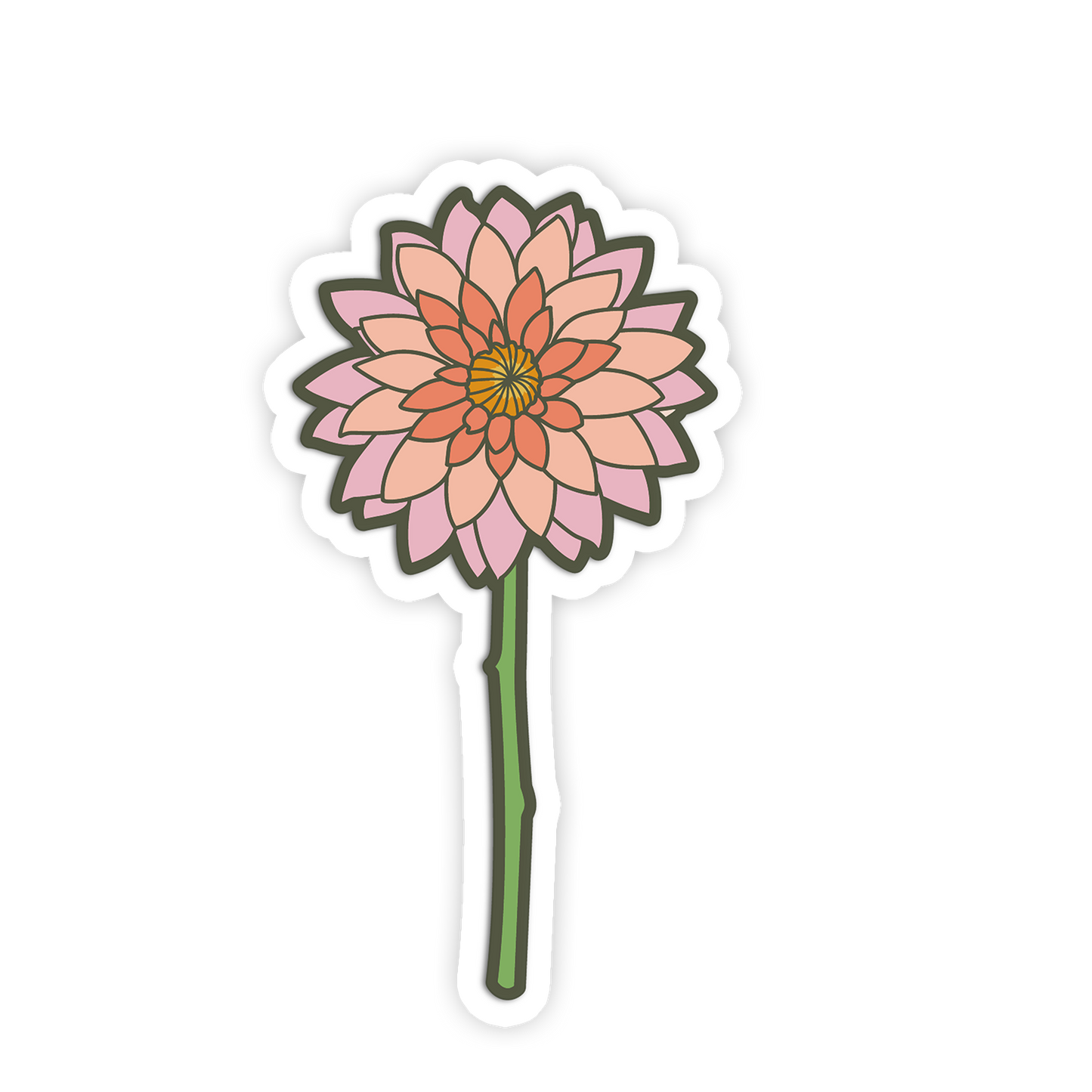 Sticker of a pink flower with a green stem on a white background