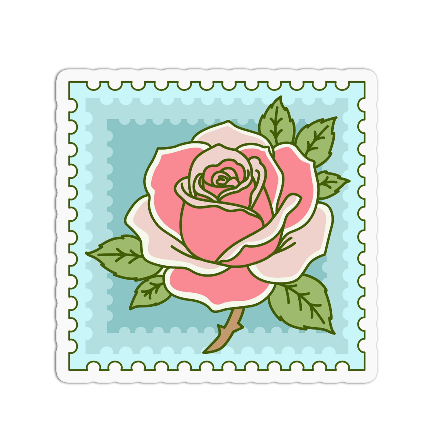 Stylized pink rose with green leaves on a light blue background
