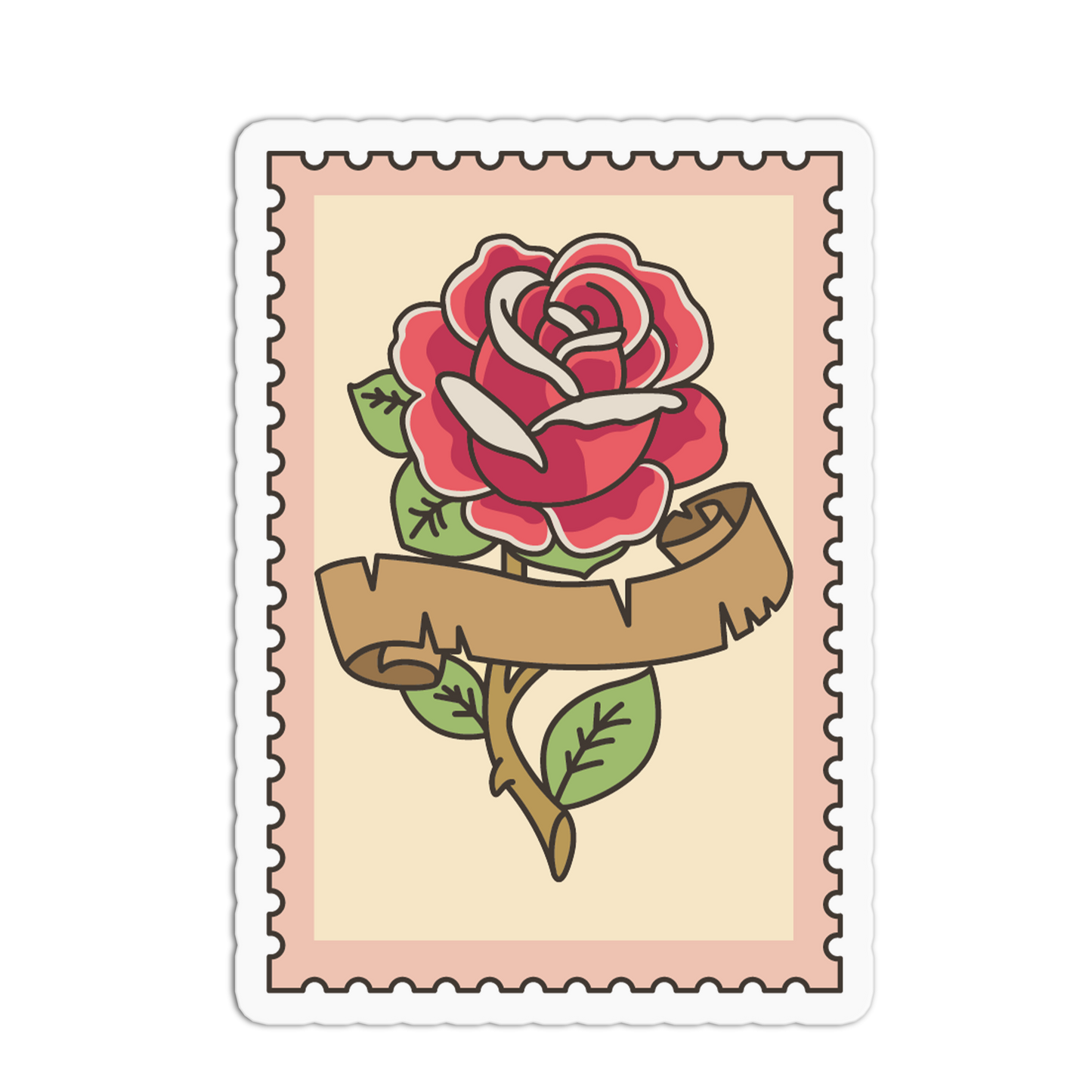 Sticker with a red rose and banner design on a beige background