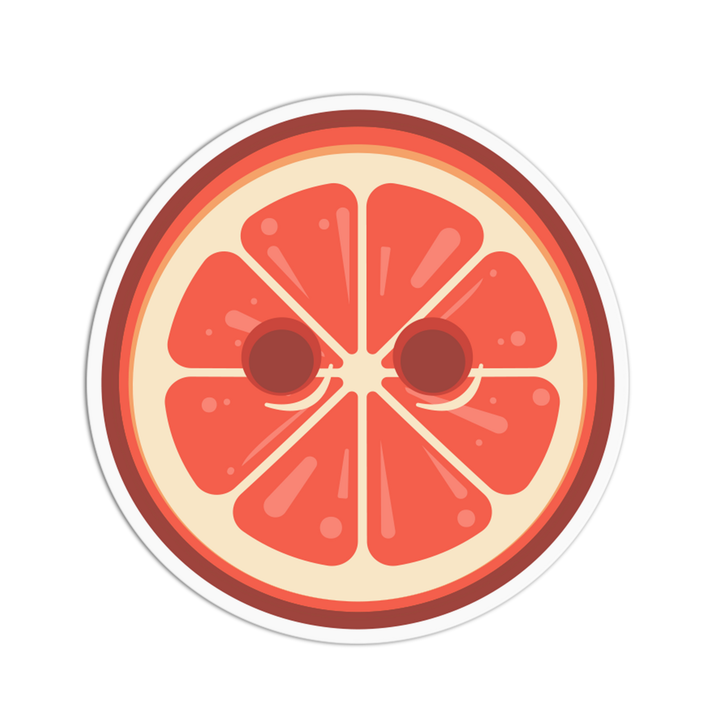 Circular sticker of a sliced grapefruit on a white background