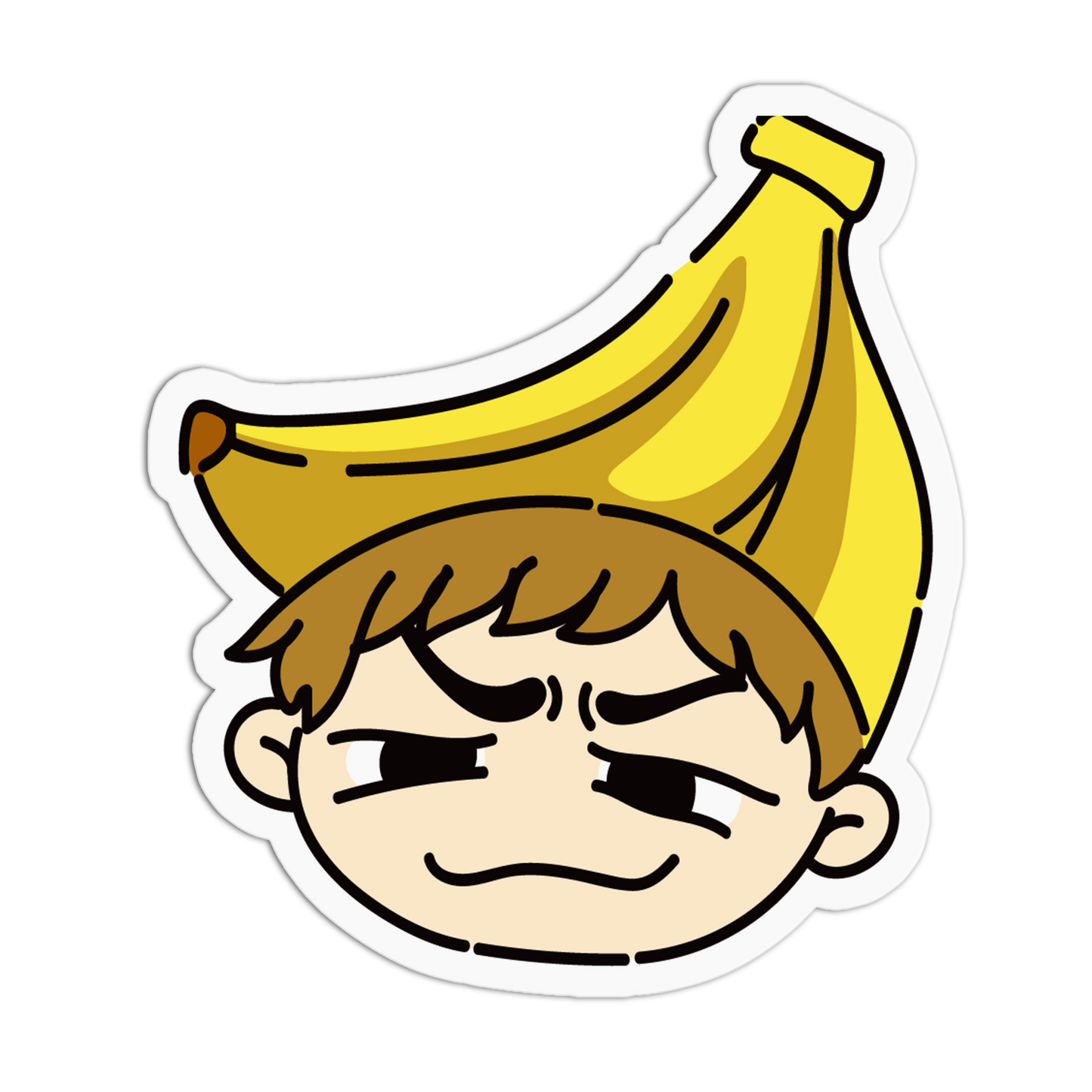 A cartoon die-cut sticker showing a chibi-style face with brown hair and a large yellow banana on top, outlined in white on a light gray background.