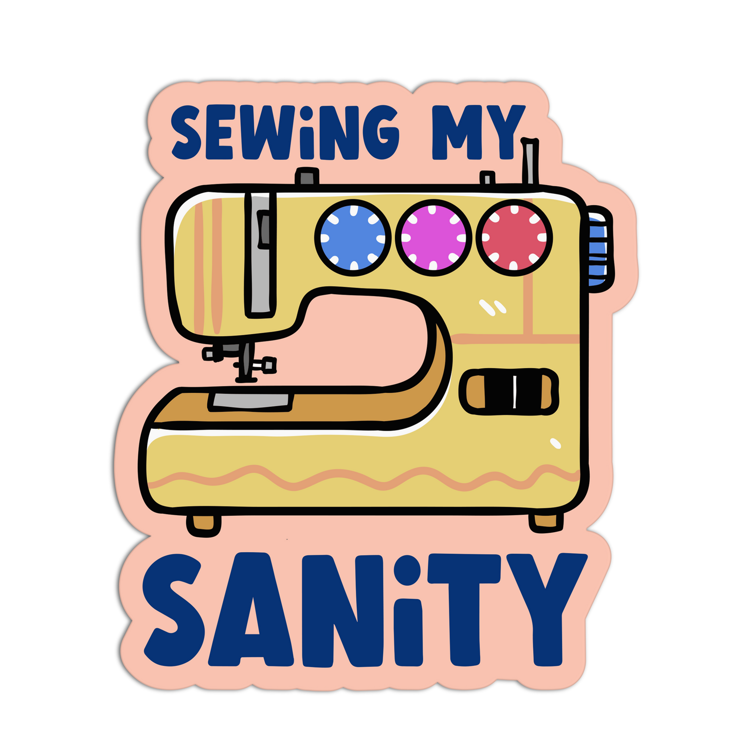 Illustration of a sewing machine with text 'Sewing My Sanity' on a white background